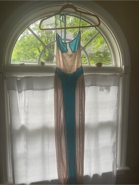 Sheer Mesh Maxi Swim Coverup with Teal Accent